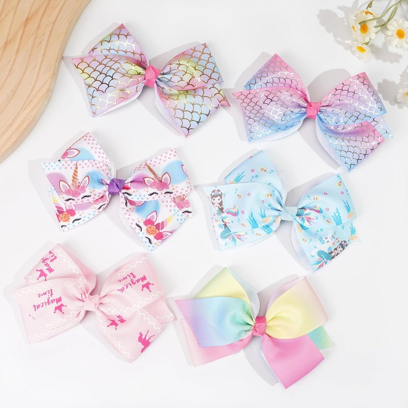 CellElection 24PCS 4.5Inch Bows for Girls Boutique Grosgrain Ribbon Rainbow Hair Bow Alligator Hair Clips Pigtail Bows Unicorn Hair Clips for Baby Girls Toddler Kids Children Teens - Image 2